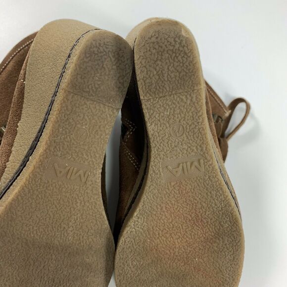 MIA Hazel Boot Brown Suede Leather Tassle Lace Up Wedge Bootie Size 7.5 M - Picture 9 of 12